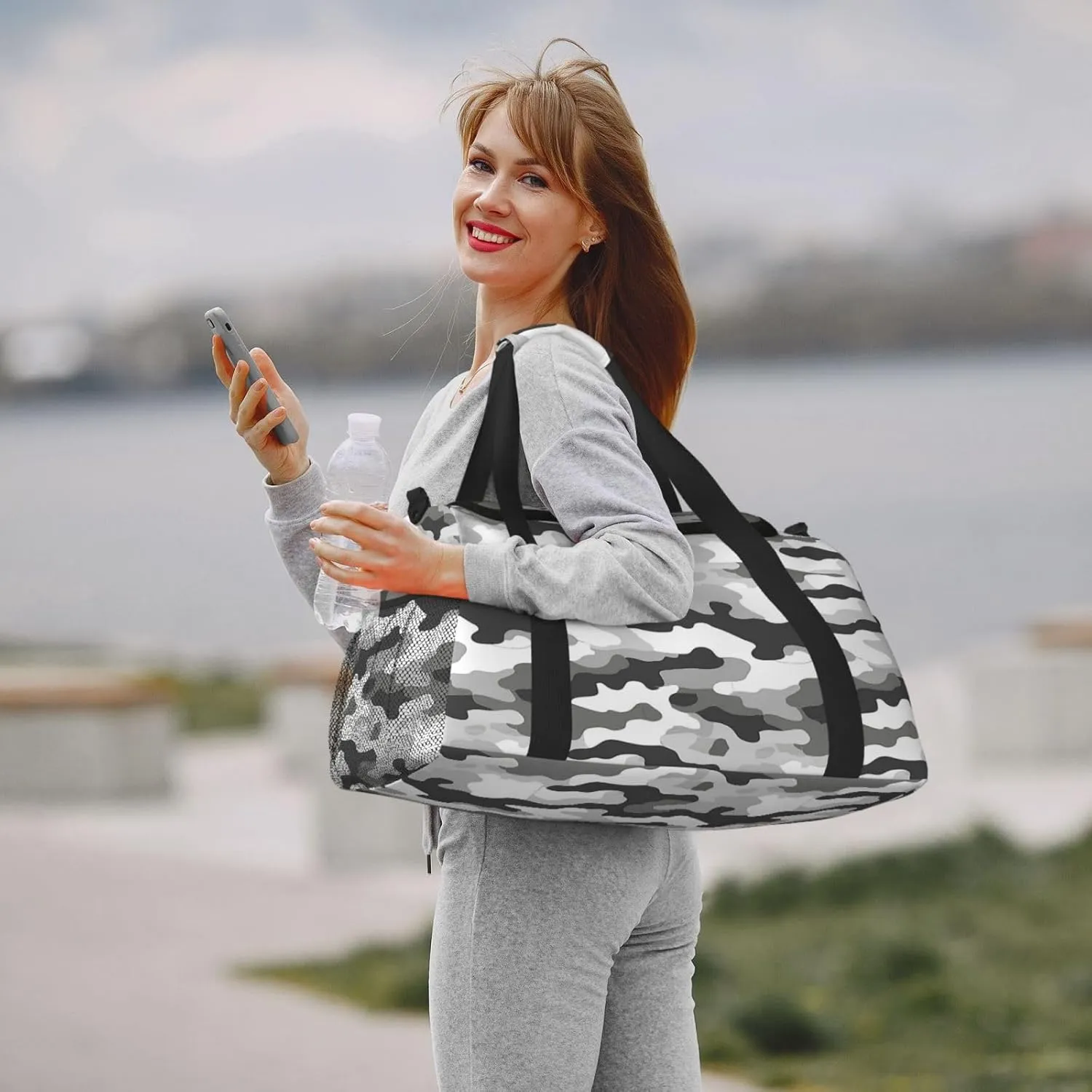 Gray White Camouflage Travel Duffel Bag with Strap Multi Pockets Sports Bag Handbag Large Shoulder Bag for Gym Weekend Fitness Camping