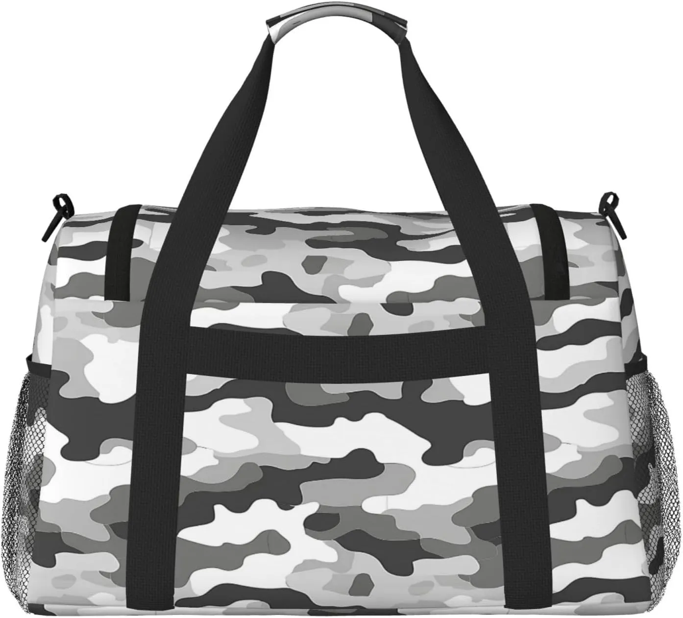 Gray White Camouflage Travel Duffel Bag with Strap Multi Pockets Sports Bag Handbag Large Shoulder Bag for Gym Weekend Fitness Camping