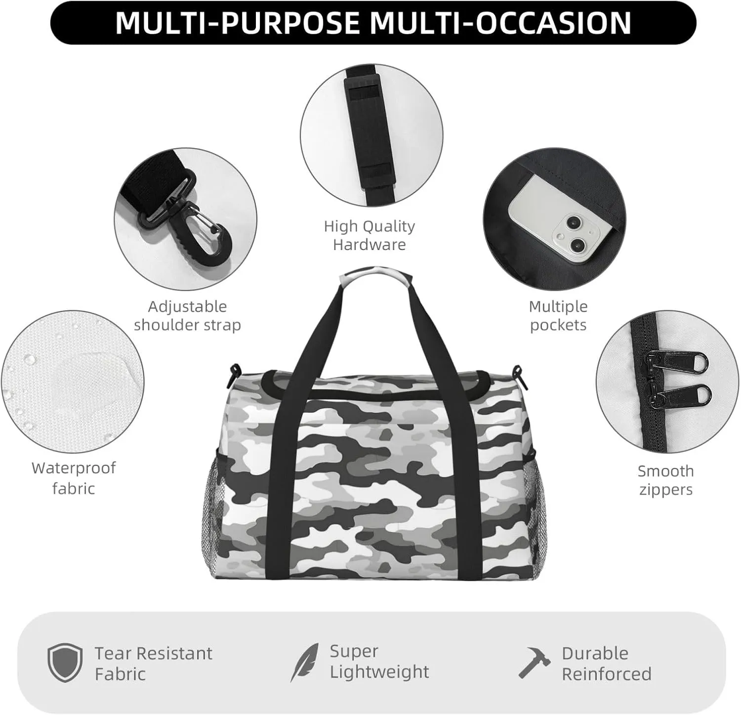 Gray White Camouflage Travel Duffel Bag with Strap Multi Pockets Sports Bag Handbag Large Shoulder Bag for Gym Weekend Fitness Camping