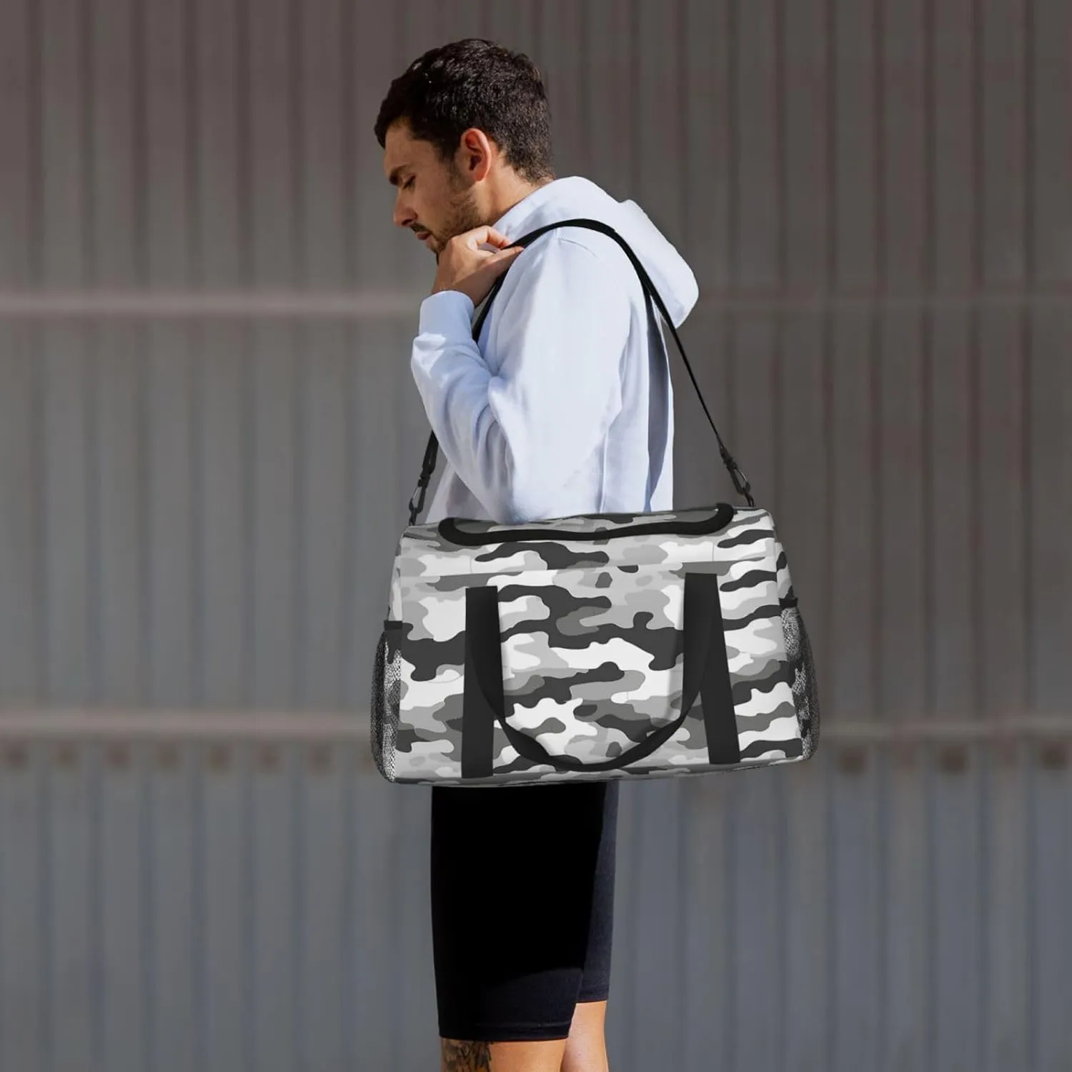Gray White Camouflage Travel Duffel Bag with Strap Multi Pockets Sports Bag Handbag Large Shoulder Bag for Gym Weekend Fitness Camping