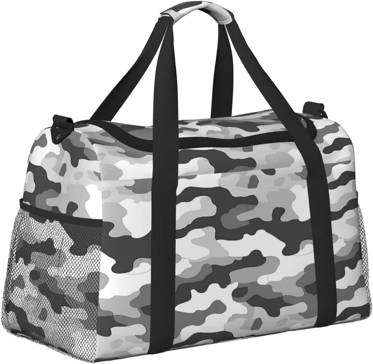 Gray White Camouflage Travel Duffel Bag with Strap Multi Pockets Sports Bag Handbag Large Shoulder Bag for Gym Weekend Fitness Camping