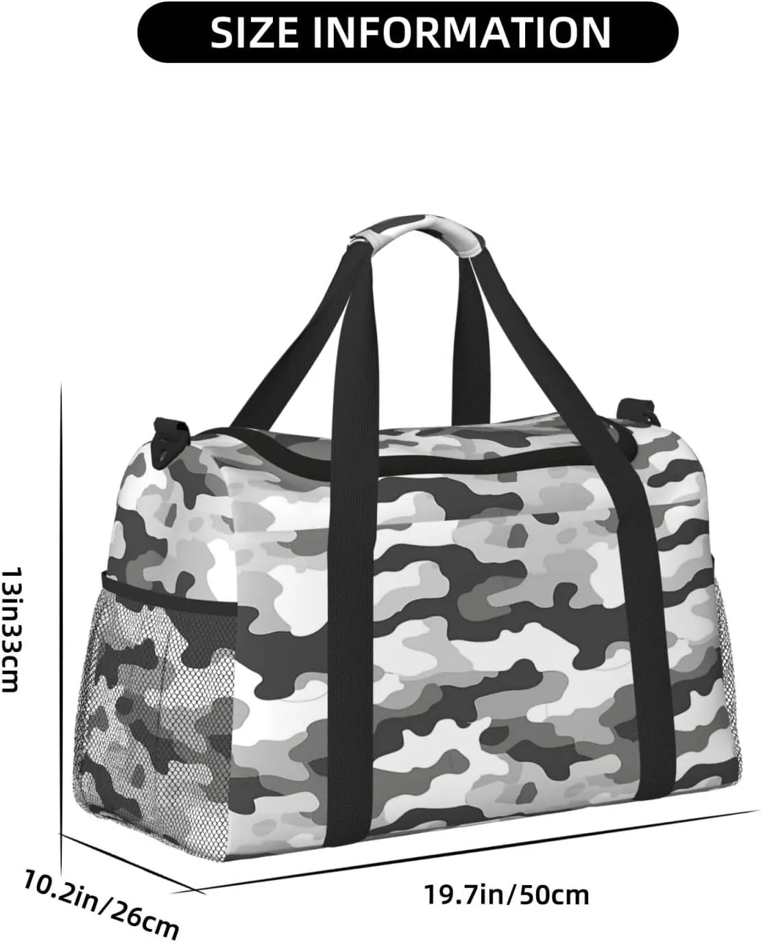Gray White Camouflage Travel Duffel Bag with Strap Multi Pockets Sports Bag Handbag Large Shoulder Bag for Gym Weekend Fitness Camping