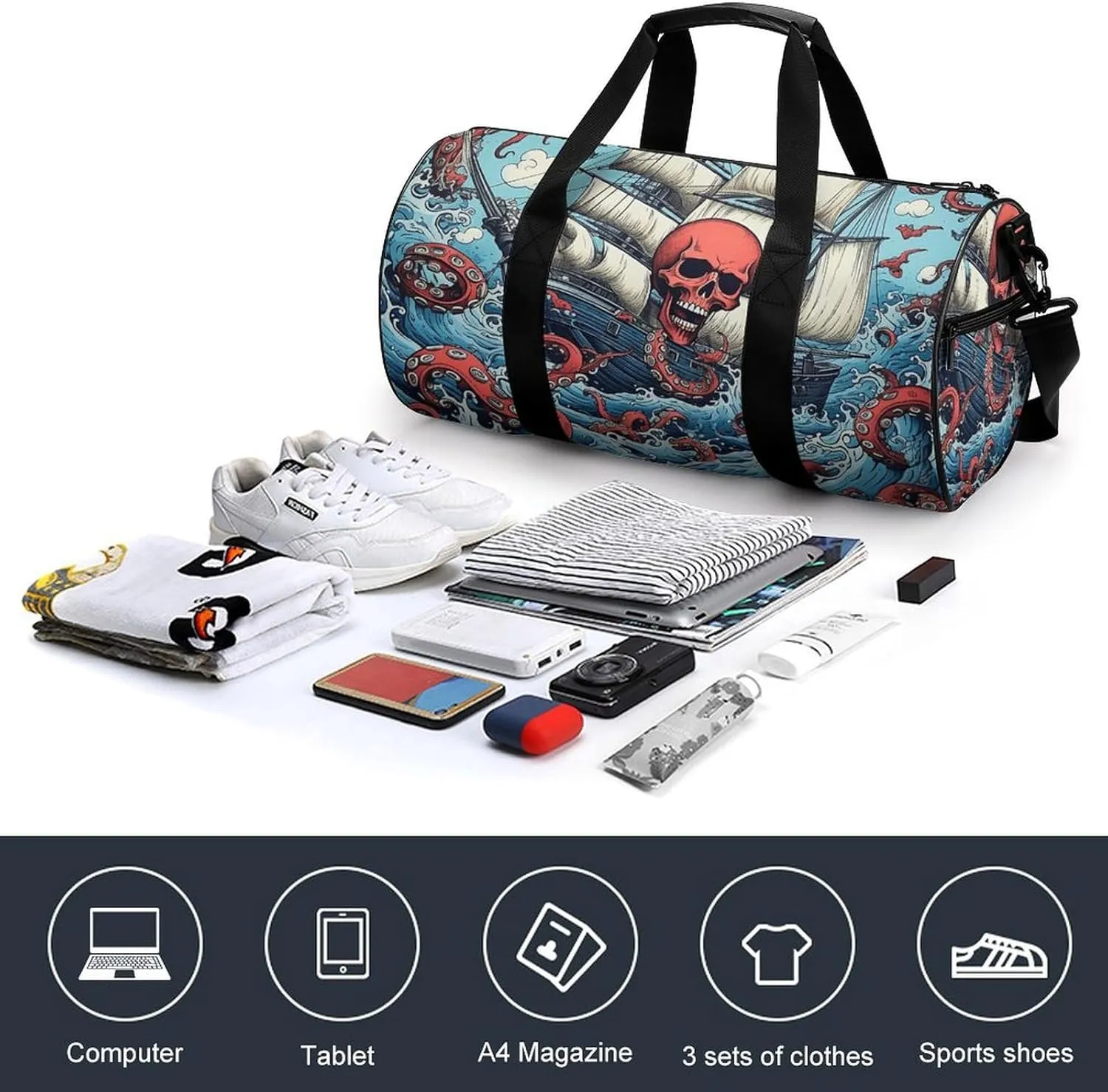 Gym Bag Octopus And Boat Duffel Bag for Men Women Overnight Bag with Shoe Compartment Workout Bags