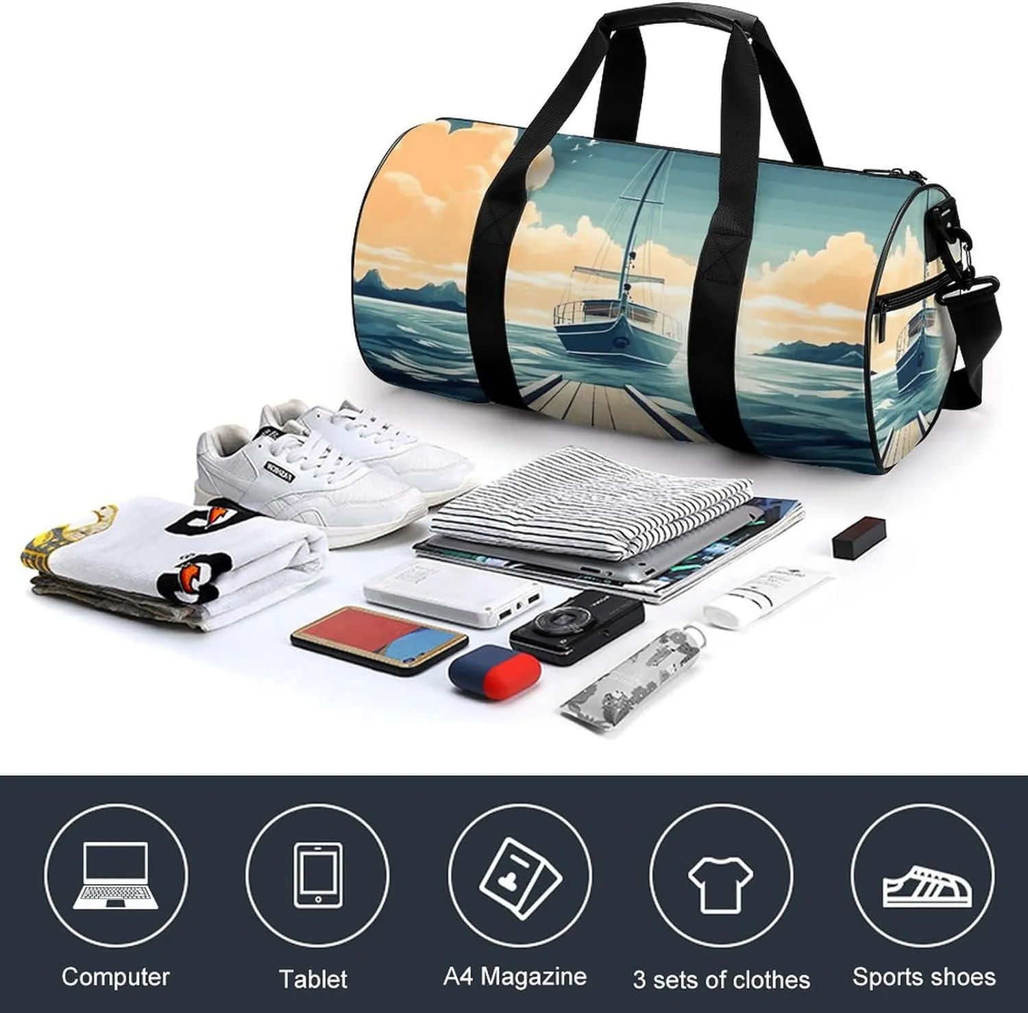Gym Bags Small Boat Seascape Theme Duffel Bag Overnight Bag with Shoe Compartment Carryon Bag for Men Women