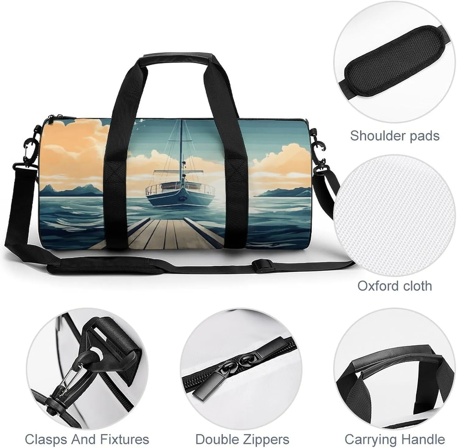 Gym Bags Small Boat Seascape Theme Duffel Bag Overnight Bag with Shoe Compartment Carryon Bag for Men Women