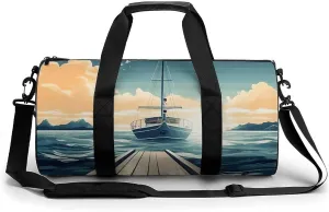 Gym Bags Small Boat Seascape Theme Duffel Bag Overnight Bag with Shoe Compartment Carryon Bag for Men Women