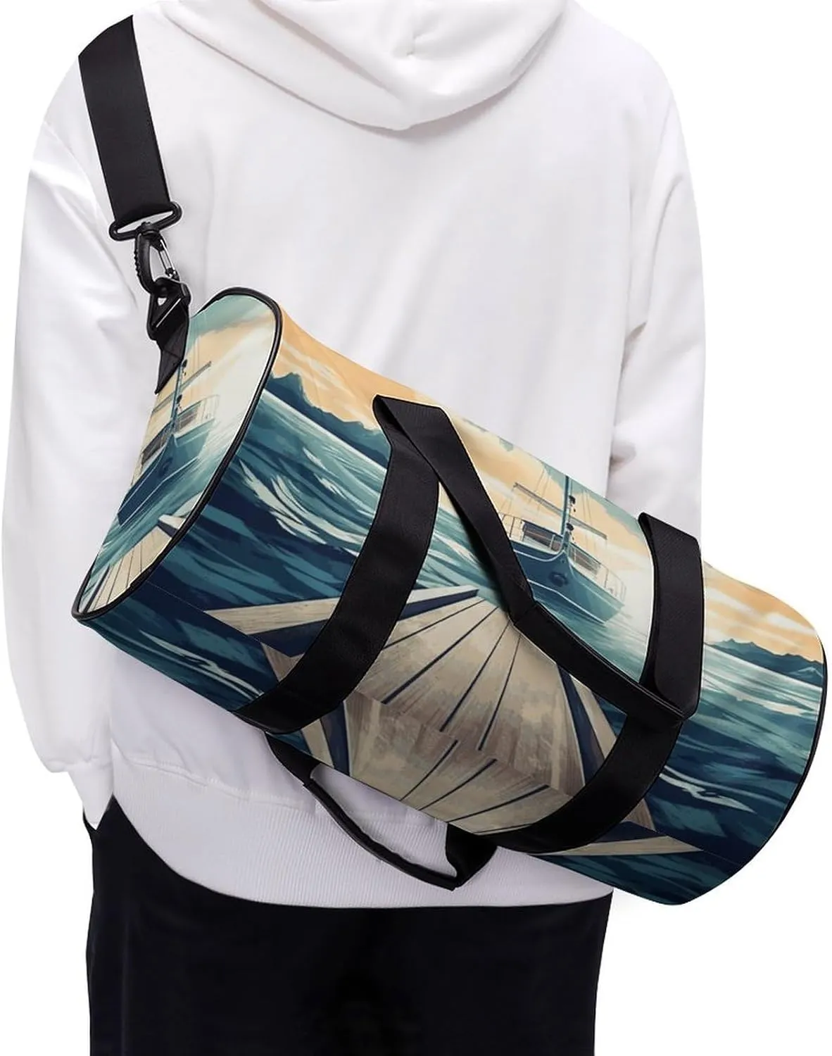 Gym Bags Small Boat Seascape Theme Duffel Bag Overnight Bag with Shoe Compartment Carryon Bag for Men Women