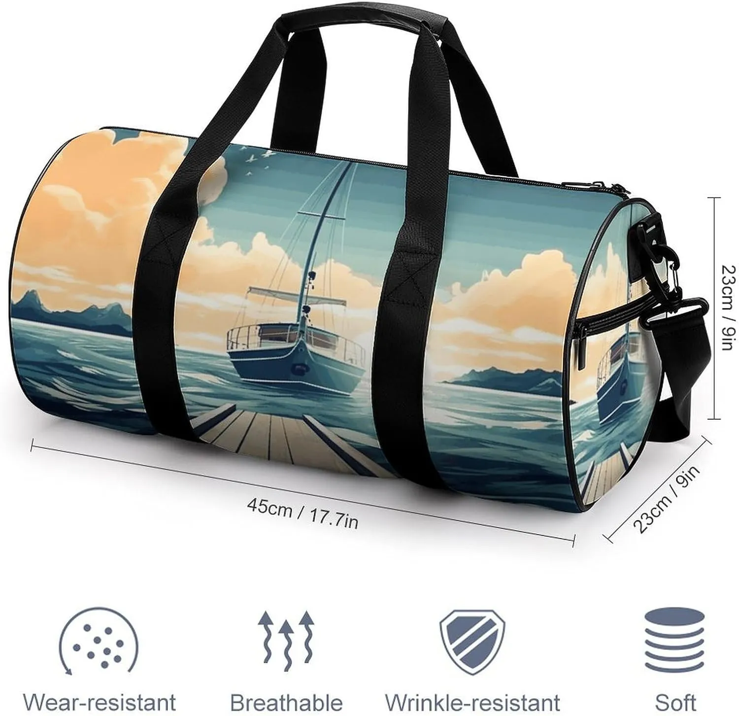 Gym Bags Small Boat Seascape Theme Duffel Bag Overnight Bag with Shoe Compartment Carryon Bag for Men Women