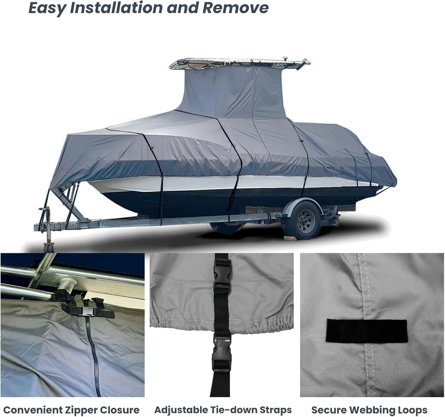 Heavy Duty T-Top Boat Cover, Fits 24ft to 26ft Long Center Console Boat with T-Top Hard-Top, Waterproof Fade Resistant T Top Boat Storage Cover (Gray, Size 4: 24'-26' Long, Beam 112" W)