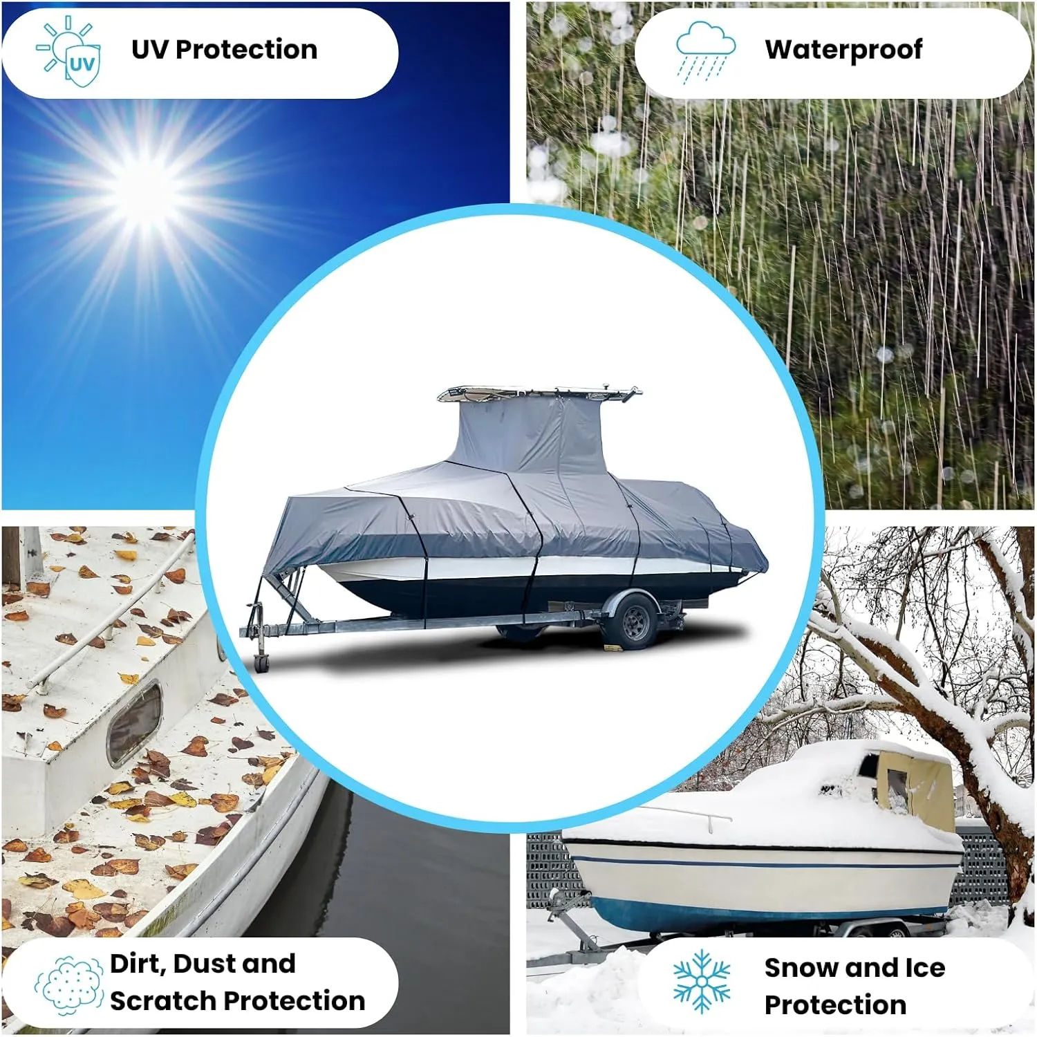 Heavy Duty T-Top Boat Cover, Fits 24ft to 26ft Long Center Console Boat with T-Top Hard-Top, Waterproof Fade Resistant T Top Boat Storage Cover (Gray, Size 4: 24'-26' Long, Beam 112" W)