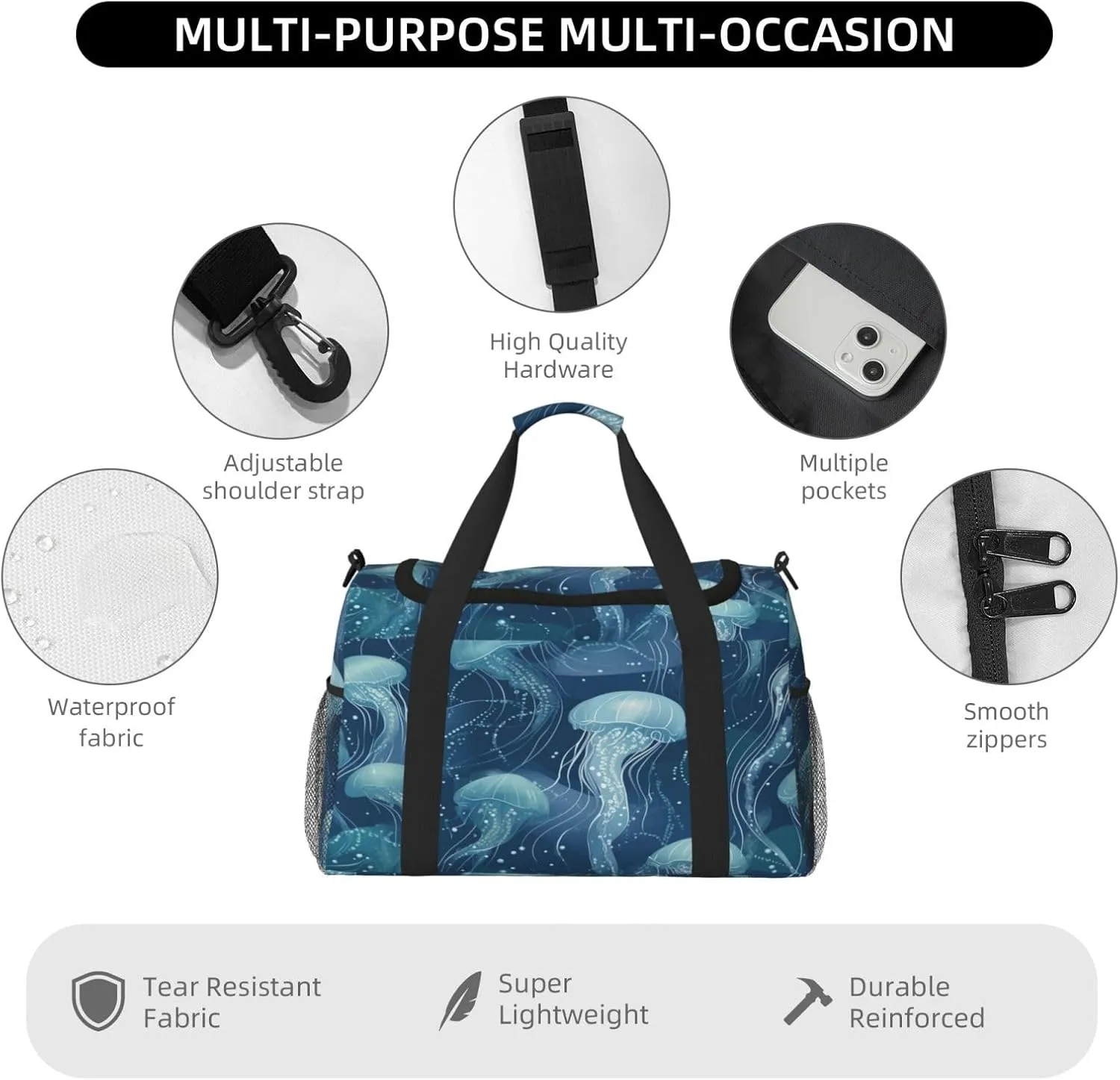 Jellyfish Pattern Travel Duffel Bag with Strap Multi Pockets Sports Bag Handbag Large Shoulder Bag for Gym Weekend Fitness Camping