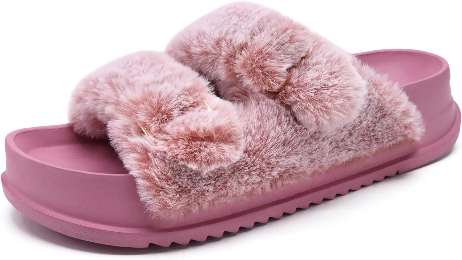KuaiLu Women's Fluff Slippers Plantar Fasciitis Arch Support Platform Slippers Ladies Fashion Open Toe Faux Fur Sliders Womens House Slipper Size 6-12