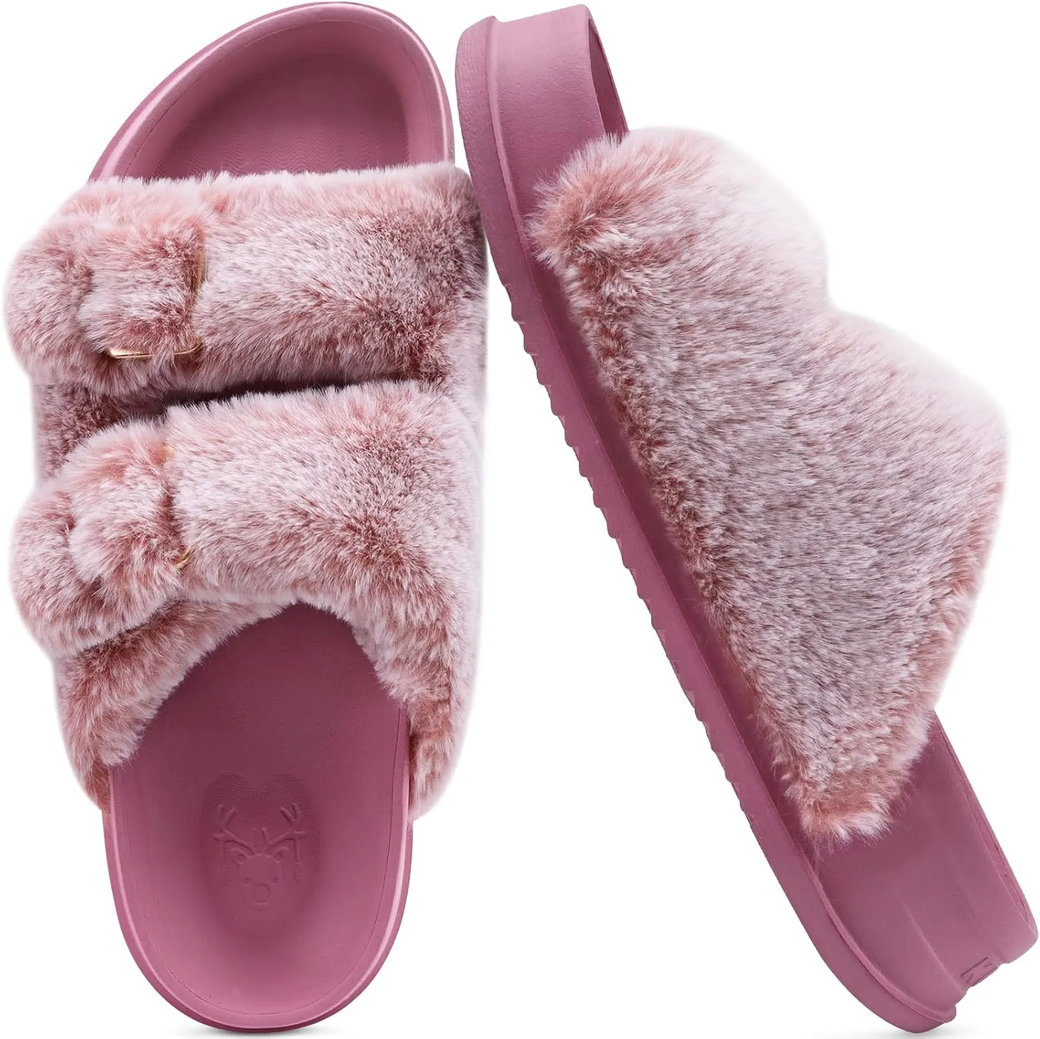 KuaiLu Women's Fluff Slippers Plantar Fasciitis Arch Support Platform Slippers Ladies Fashion Open Toe Faux Fur Sliders Womens House Slipper Size 6-12
