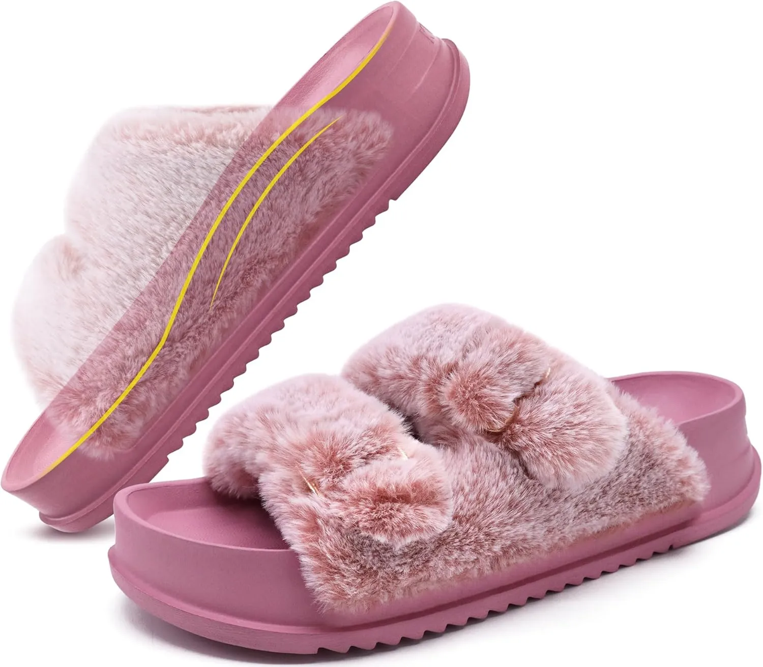 KuaiLu Women's Fluff Slippers Plantar Fasciitis Arch Support Platform Slippers Ladies Fashion Open Toe Faux Fur Sliders Womens House Slipper Size 6-12