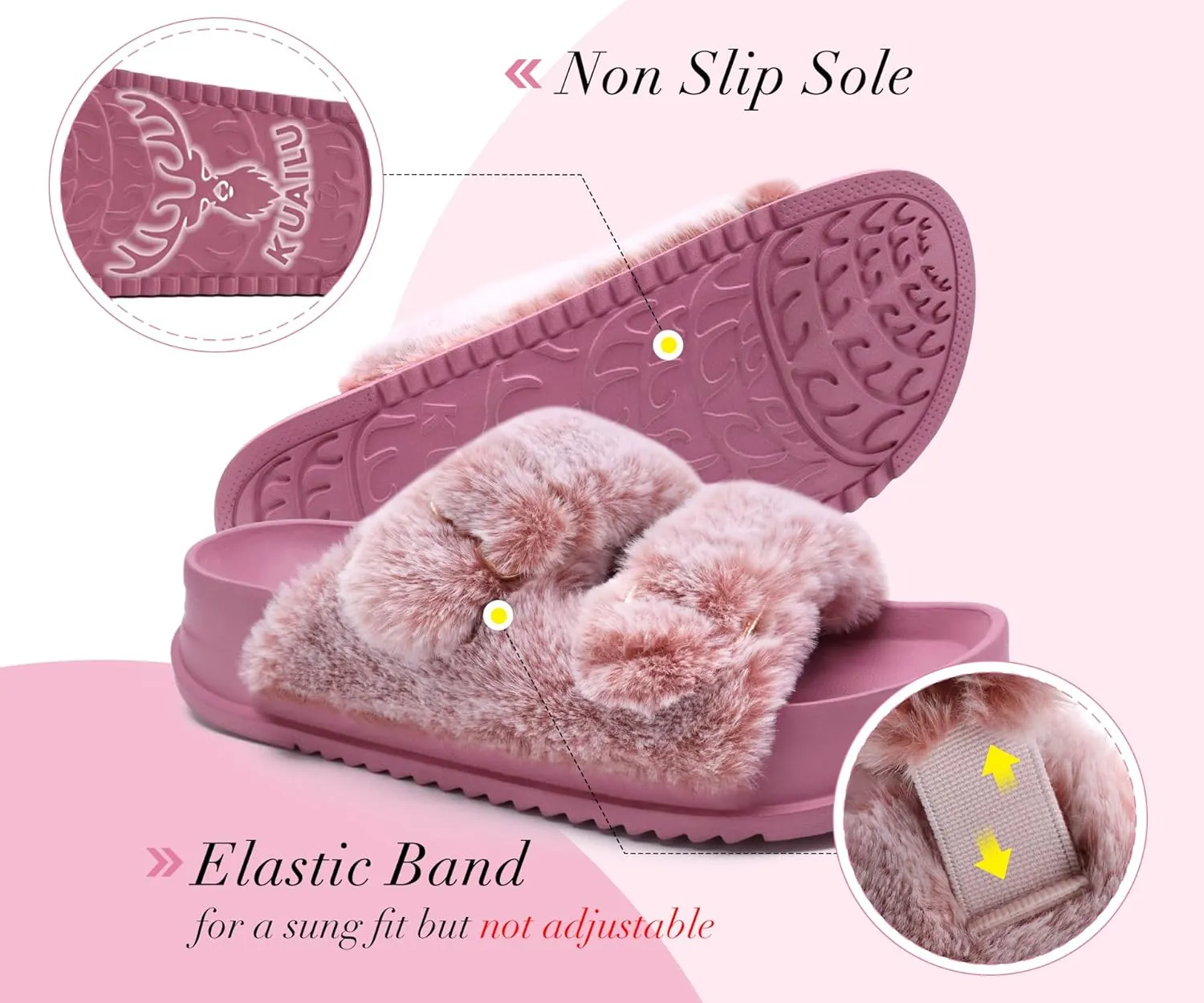 KuaiLu Women's Fluff Slippers Plantar Fasciitis Arch Support Platform Slippers Ladies Fashion Open Toe Faux Fur Sliders Womens House Slipper Size 6-12