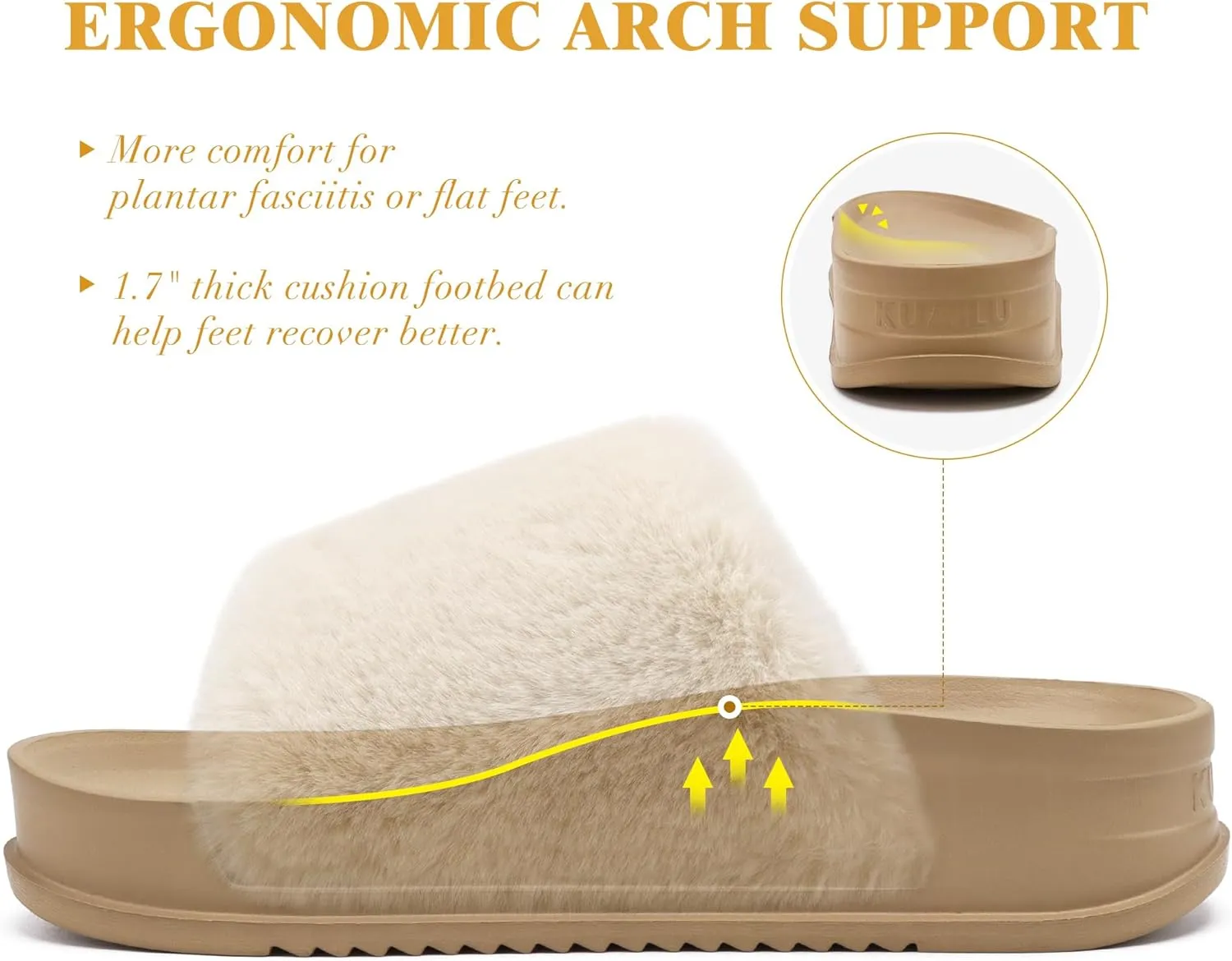 KuaiLu Women's Orthotic Slippers With Arch Support Soft Cushion Sandal Slippers for Woman Ladies Fashion Open Toe Faux Fur Platform Slipper Indoor Outdoor Size 6~12