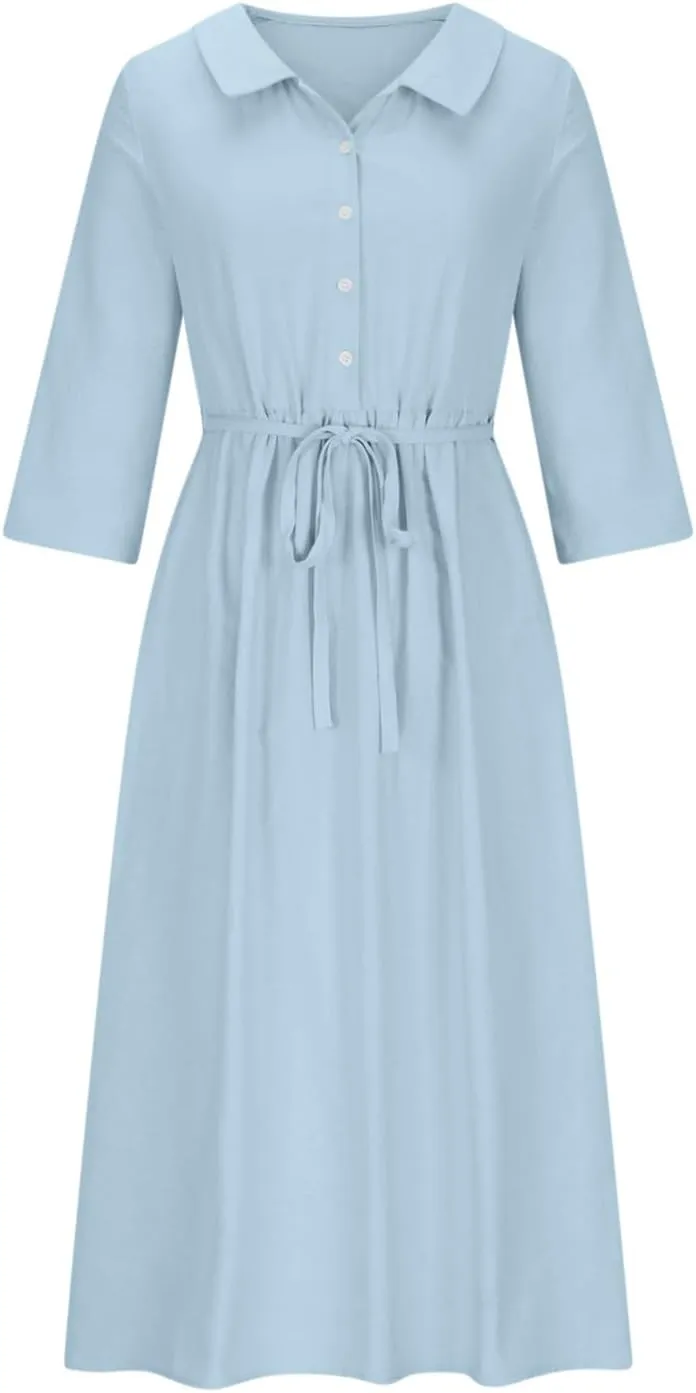 Lastesso Dresses for Women 2024 Casual Button Down Tie Knot Short Sleeve Maxi Dresses Cute Flower Printing Long Dresses