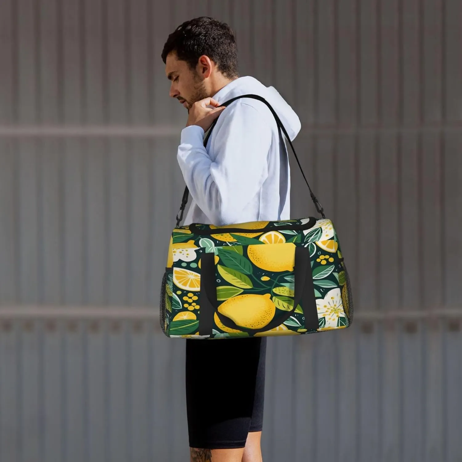Lemon Leaves Floral Pattern Travel Duffel Bag with Strap Multi Pockets Sports Bag Handbag Large Shoulder Bag for Gym Weekend Fitness Camping