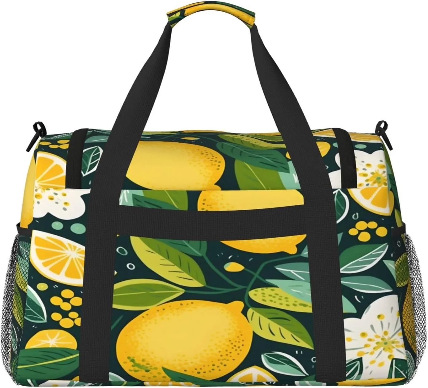 Lemon Leaves Floral Pattern Travel Duffel Bag with Strap Multi Pockets Sports Bag Handbag Large Shoulder Bag for Gym Weekend Fitness Camping