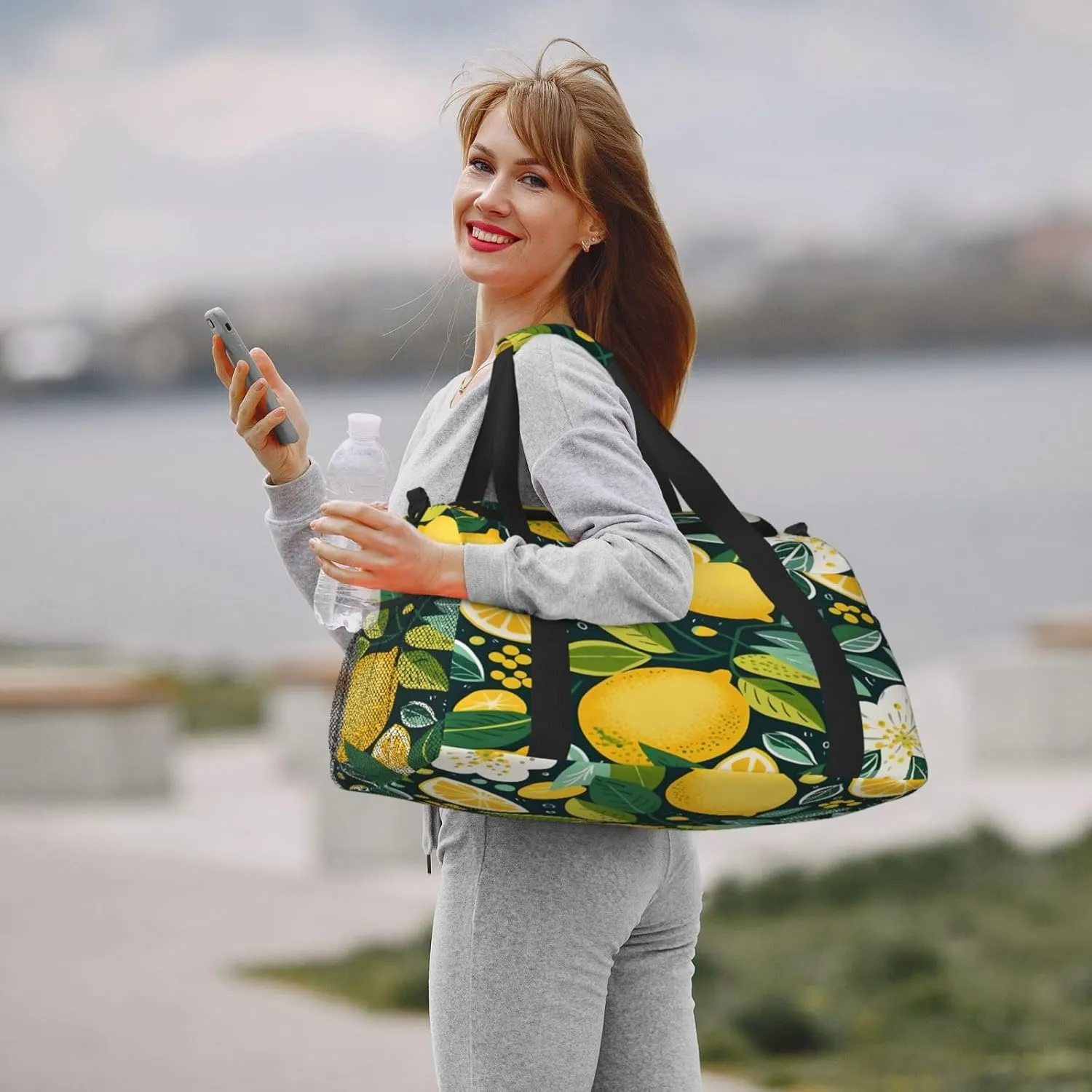 Lemon Leaves Floral Pattern Travel Duffel Bag with Strap Multi Pockets Sports Bag Handbag Large Shoulder Bag for Gym Weekend Fitness Camping