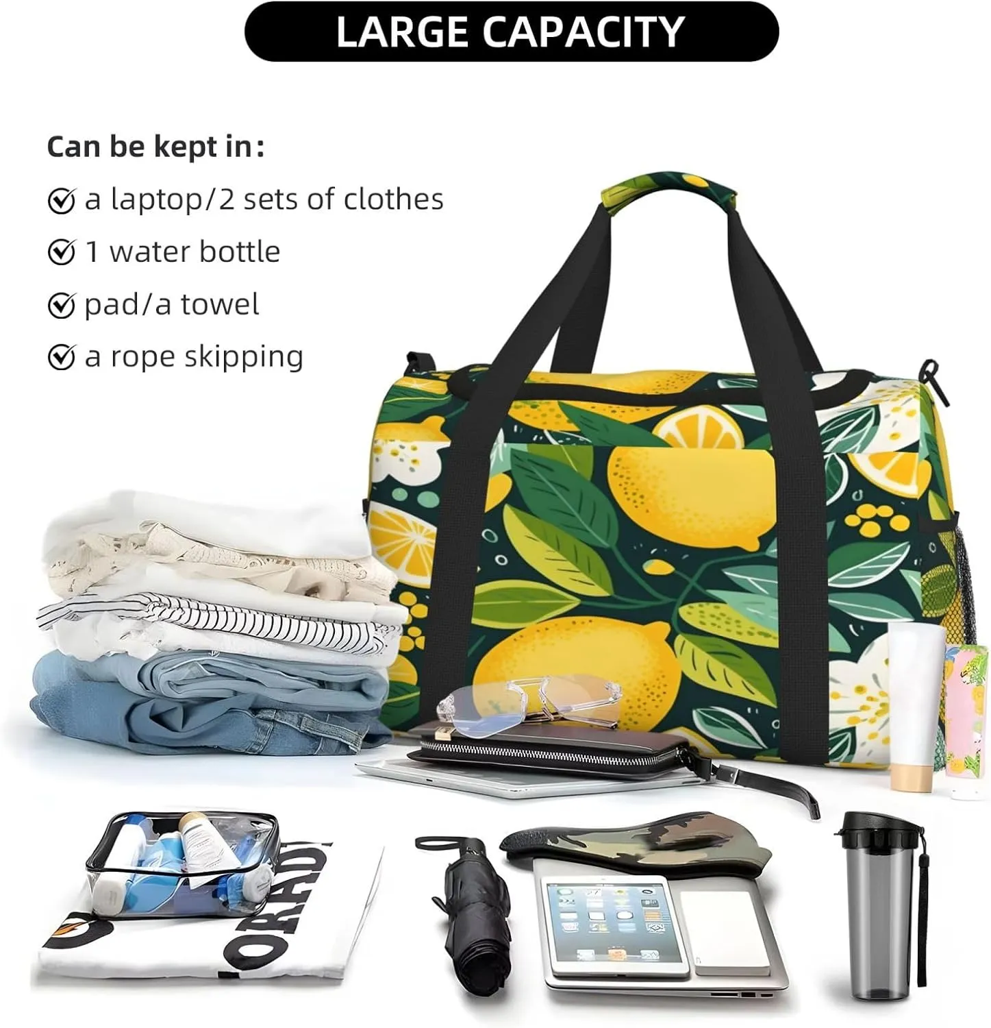 Lemon Leaves Floral Pattern Travel Duffel Bag with Strap Multi Pockets Sports Bag Handbag Large Shoulder Bag for Gym Weekend Fitness Camping