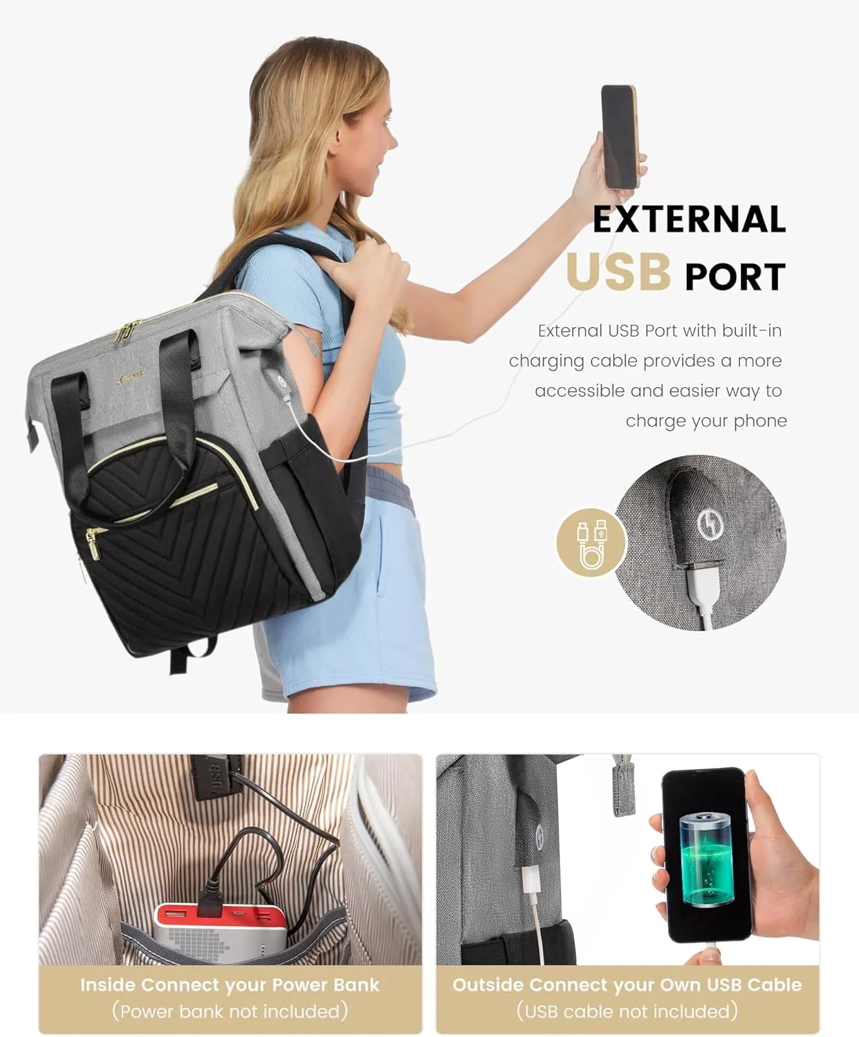 LOVEVOOK Laptop Backpack for Women, 15.6 Inch Work Laptop Bag，Waterproof Teacher Nurse Bag with USB Port, Fashion Travel Bag Business Computer Backpack Purse,Black-Grey