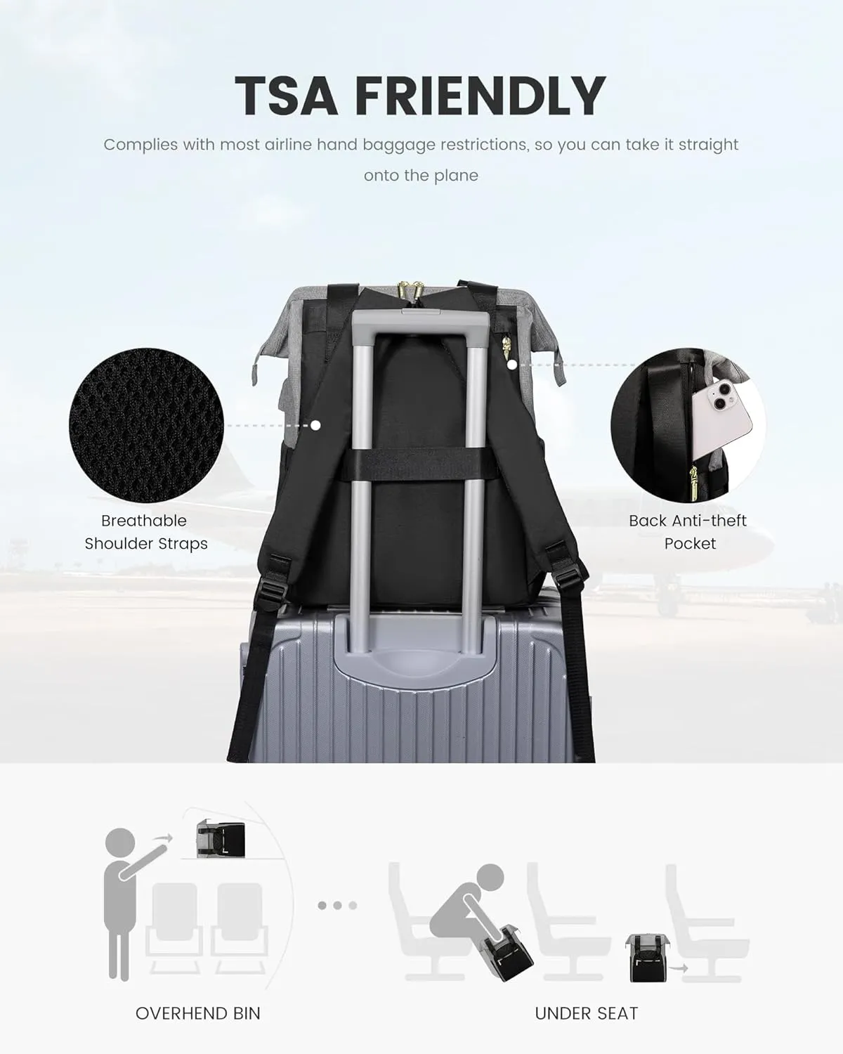 LOVEVOOK Laptop Backpack for Women, 15.6 Inch Work Laptop Bag，Waterproof Teacher Nurse Bag with USB Port, Fashion Travel Bag Business Computer Backpack Purse,Black-Grey