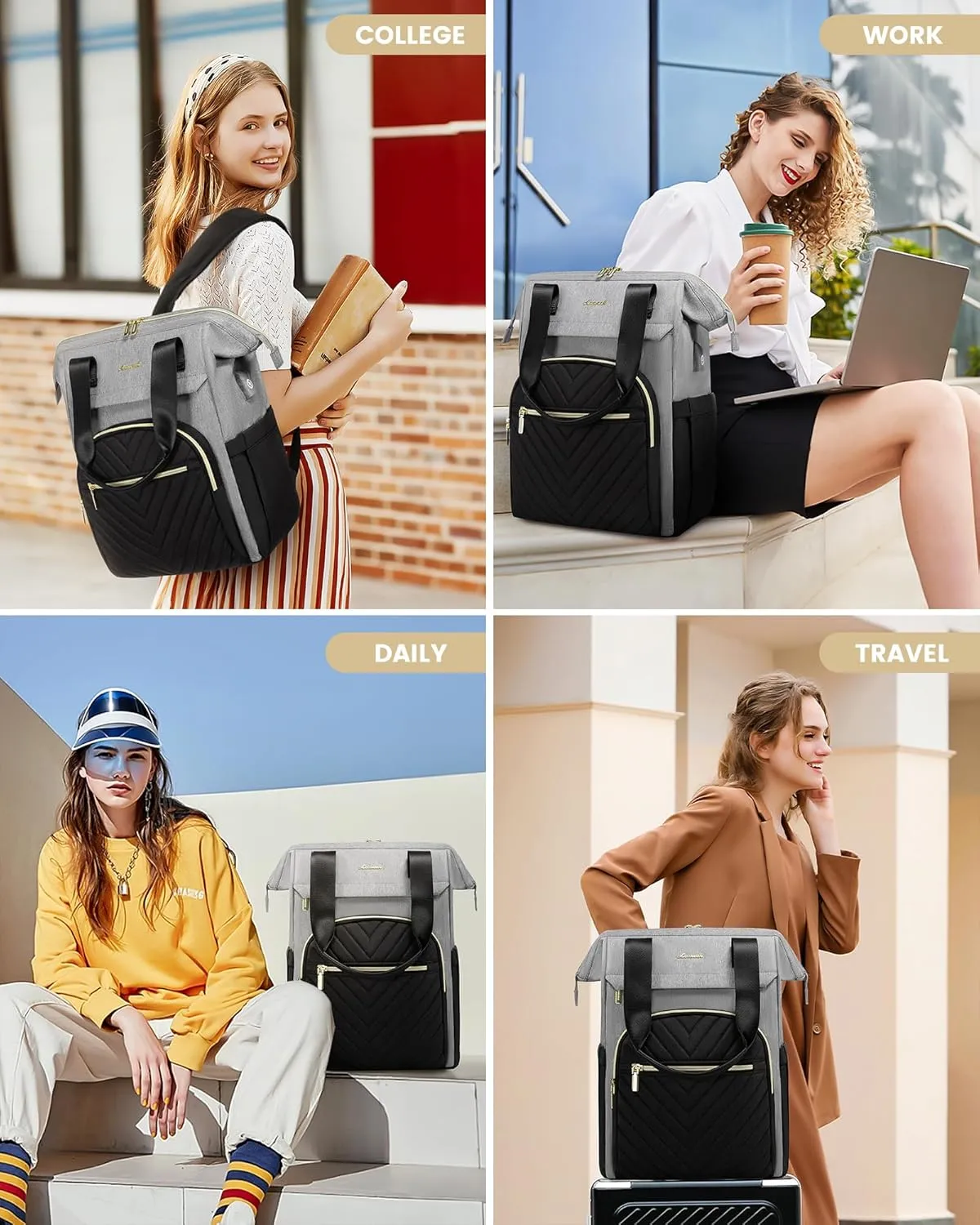 LOVEVOOK Laptop Backpack for Women, 15.6 Inch Work Laptop Bag，Waterproof Teacher Nurse Bag with USB Port, Fashion Travel Bag Business Computer Backpack Purse,Black-Grey