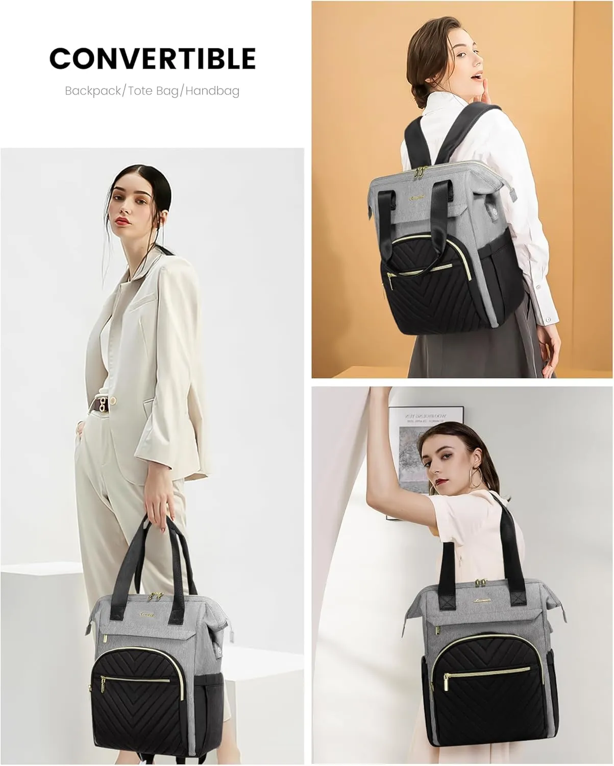 LOVEVOOK Laptop Backpack for Women, 15.6 Inch Work Laptop Bag，Waterproof Teacher Nurse Bag with USB Port, Fashion Travel Bag Business Computer Backpack Purse,Black-Grey
