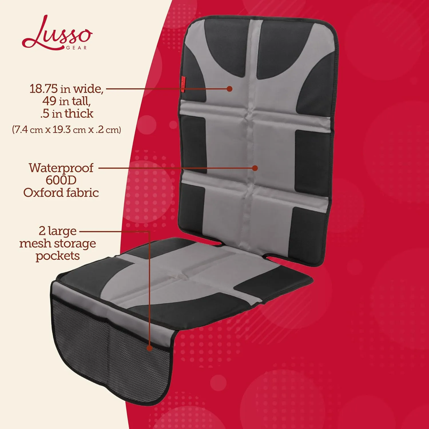 Lusso Gear Car Seat Protector - Thick Padding for Baby - Gray Rear Cover with 2 Mesh Storage Pockets - Waterproof Car Seat Cover for Leather Interiors - Non-Slip Padded Backing