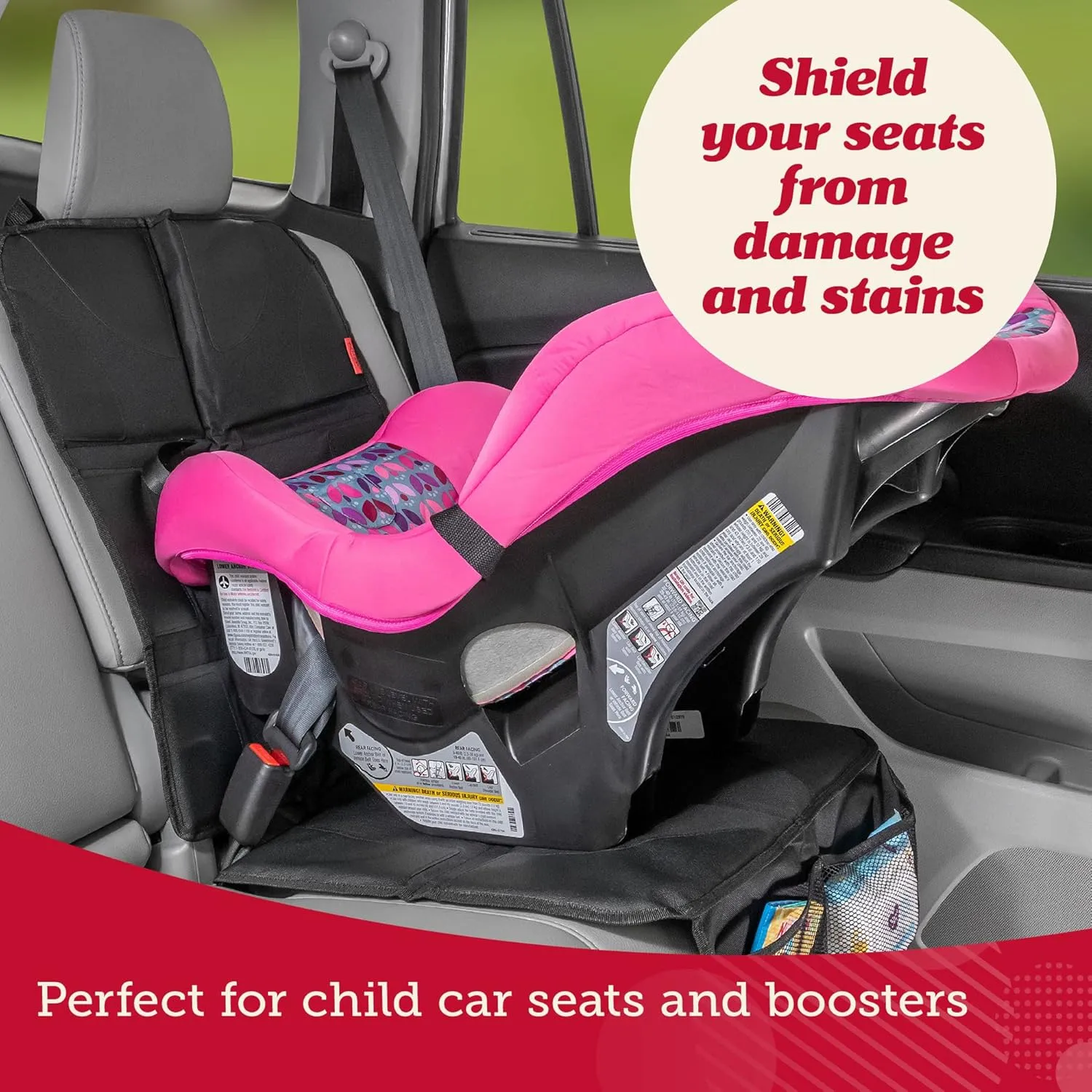 Lusso Gear Car Seat Protector - Thick Padding for Baby - Gray Rear Cover with 2 Mesh Storage Pockets - Waterproof Car Seat Cover for Leather Interiors - Non-Slip Padded Backing