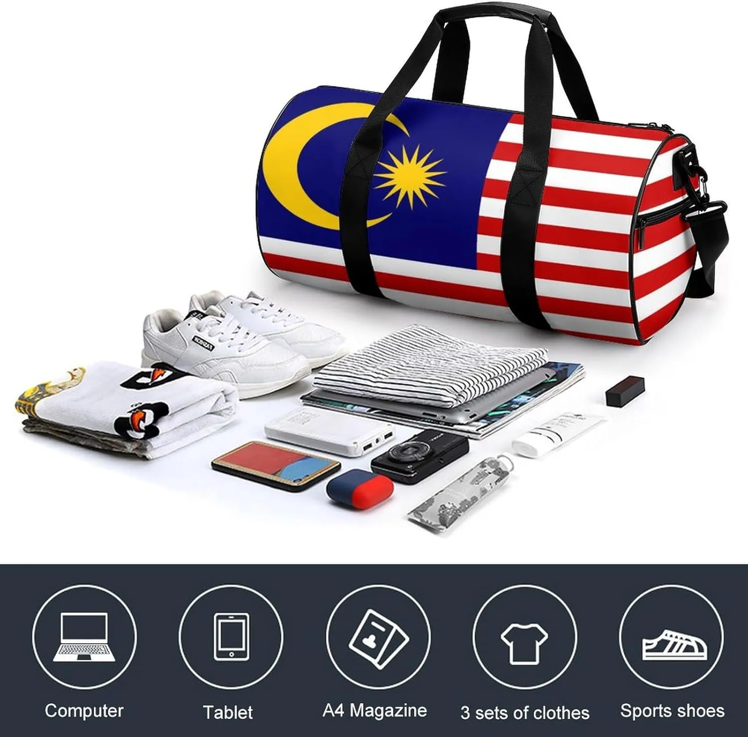 Malaysia Flag Waterproof Gym Bag for Women Men with Wet Pocket Sports Duffel for Travel Weekender