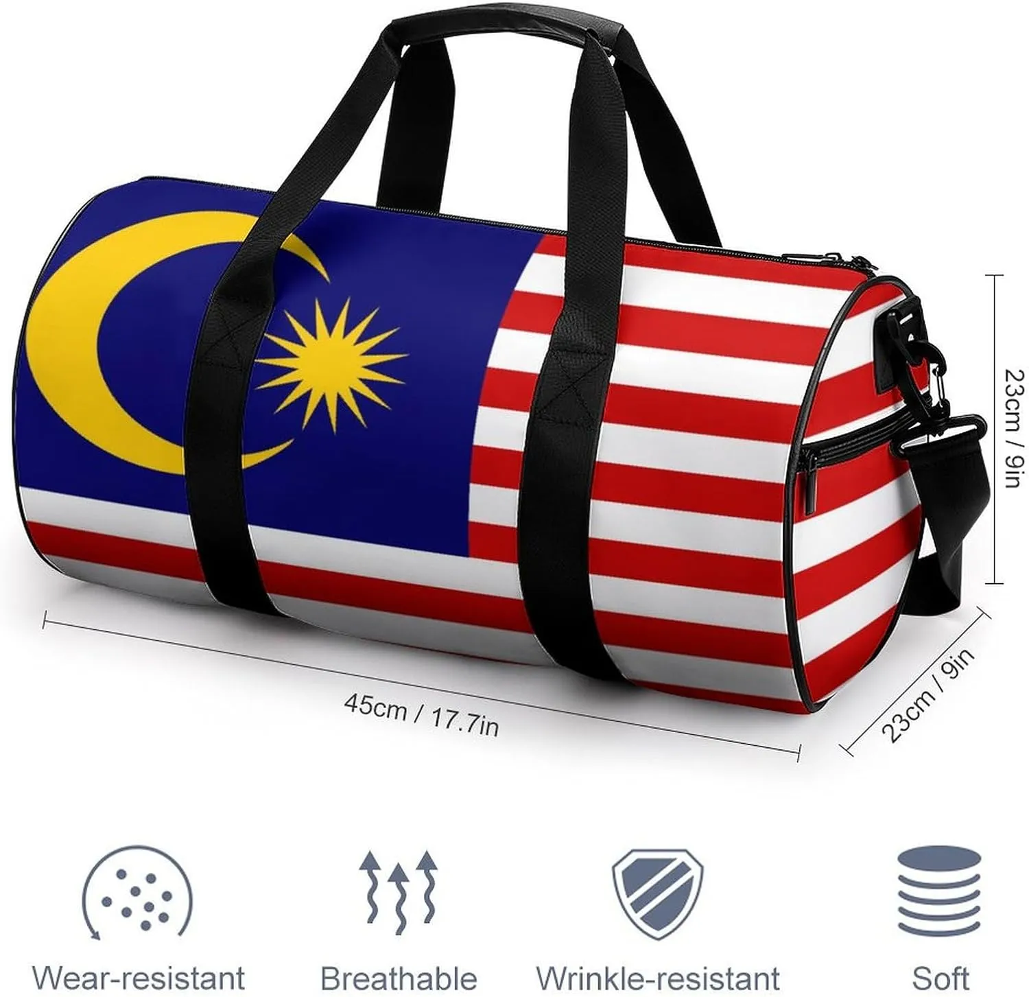 Malaysia Flag Waterproof Gym Bag for Women Men with Wet Pocket Sports Duffel for Travel Weekender