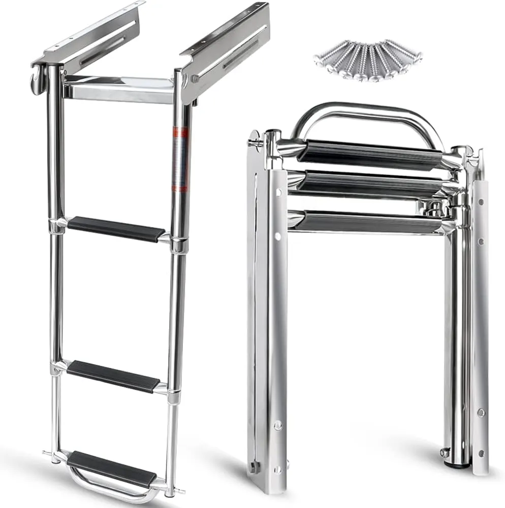 Marinebaby 3-4 Step Ladder Under Platform Slide Mount Boat Boarding Ladder, Telescoping Ladder with a Carry Handle and Mounting Screws, Press-Type Spring Latch (3 Steps)