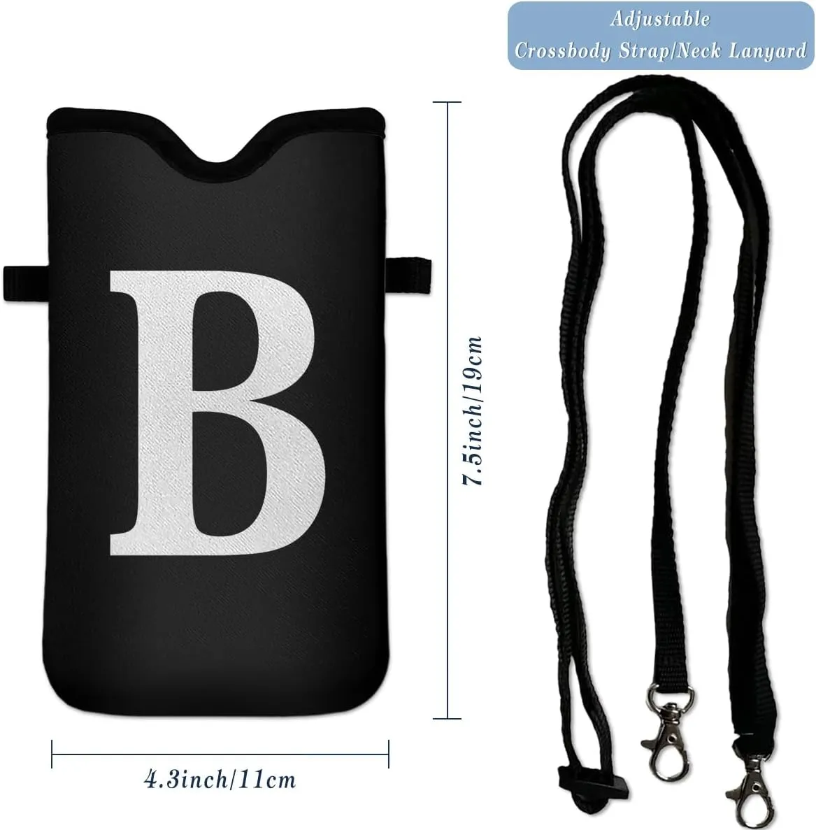 Men Women Universal Neoprene Cell Phone Pouch Sleeve 7.5 X 4.3 in Smart Mobile Protection Case Bag with Crossbody Strap/Neck Lanyard Privacy Case Covers Letter B