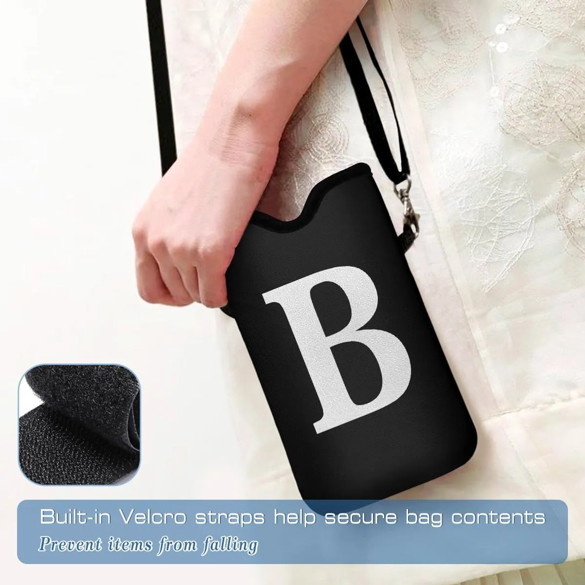 Men Women Universal Neoprene Cell Phone Pouch Sleeve 7.5 X 4.3 in Smart Mobile Protection Case Bag with Crossbody Strap/Neck Lanyard Privacy Case Covers Letter B