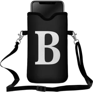 Men Women Universal Neoprene Cell Phone Pouch Sleeve 7.5 X 4.3 in Smart Mobile Protection Case Bag with Crossbody Strap/Neck Lanyard Privacy Case Covers Letter B