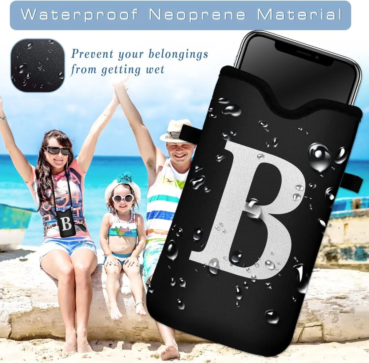 Men Women Universal Neoprene Cell Phone Pouch Sleeve 7.5 X 4.3 in Smart Mobile Protection Case Bag with Crossbody Strap/Neck Lanyard Privacy Case Covers Letter B
