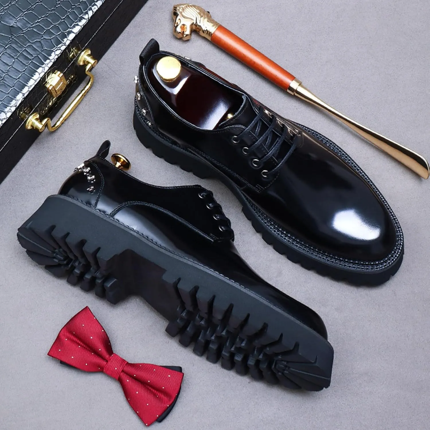 Mens Rivets Leather Shoes, Round-Toe Lace Up Derby Shoe, Fashion Heighten Work Shoe for Formal Wedding