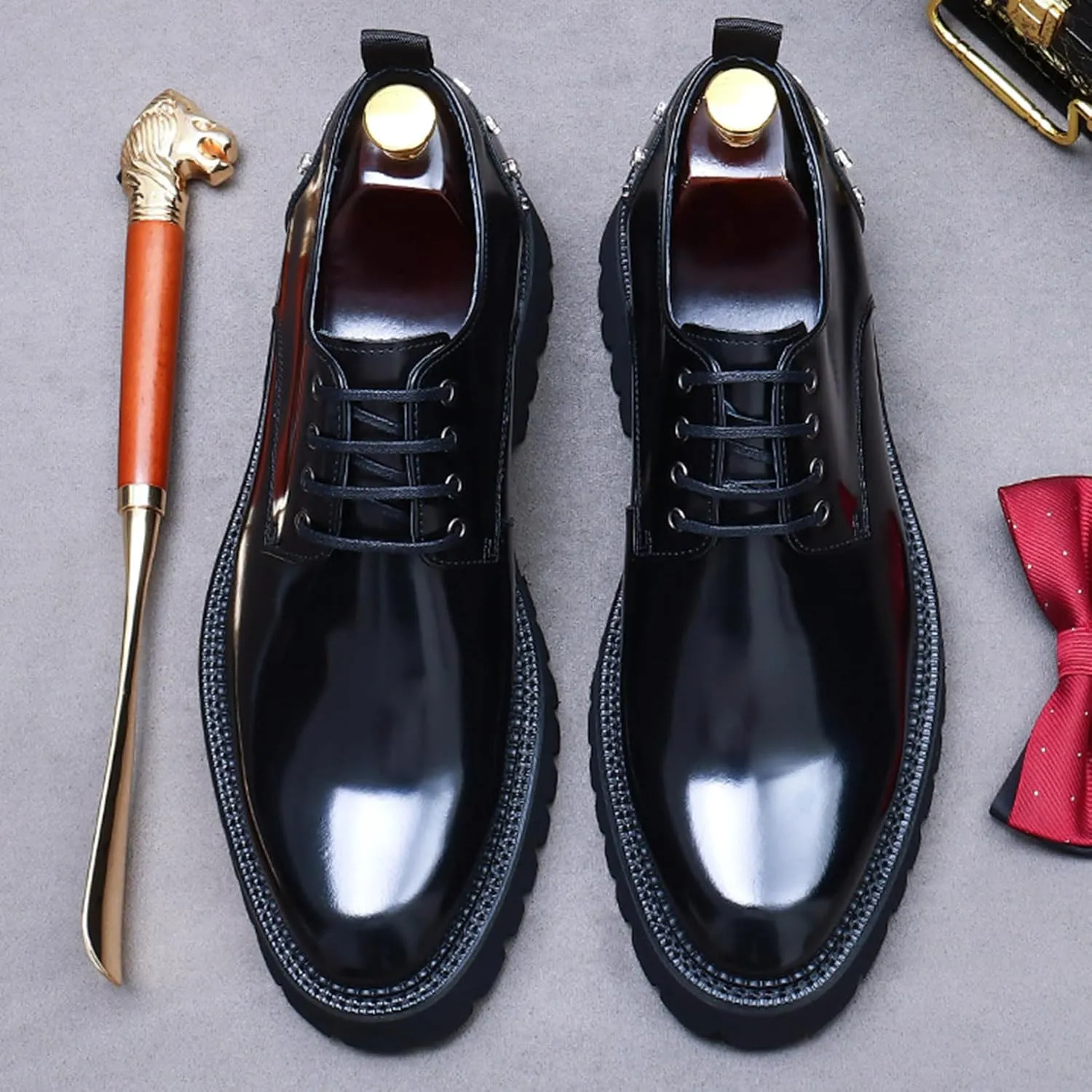 Mens Rivets Leather Shoes, Round-Toe Lace Up Derby Shoe, Fashion Heighten Work Shoe for Formal Wedding