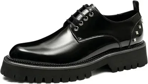 Mens Rivets Leather Shoes, Round-Toe Lace Up Derby Shoe, Fashion Heighten Work Shoe for Formal Wedding