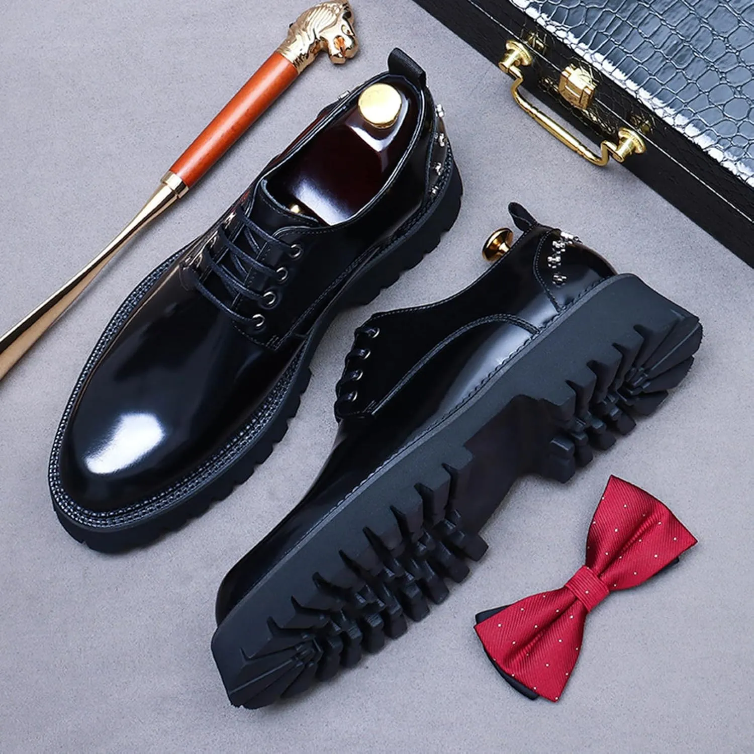 Mens Rivets Leather Shoes, Round-Toe Lace Up Derby Shoe, Fashion Heighten Work Shoe for Formal Wedding