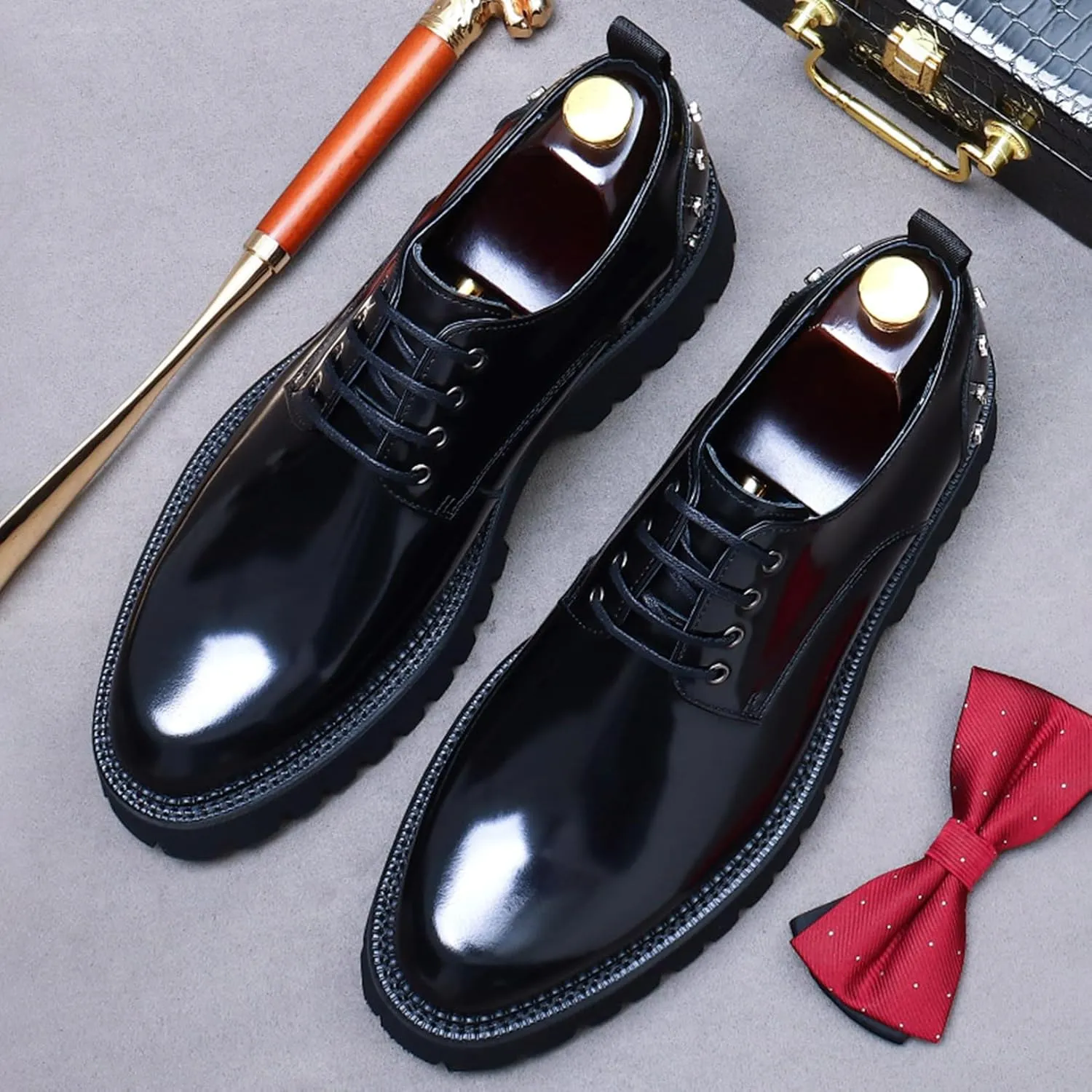Mens Rivets Leather Shoes, Round-Toe Lace Up Derby Shoe, Fashion Heighten Work Shoe for Formal Wedding