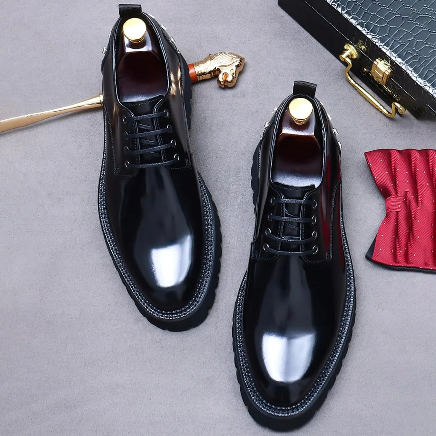 Mens Rivets Leather Shoes, Round-Toe Lace Up Derby Shoe, Fashion Heighten Work Shoe for Formal Wedding