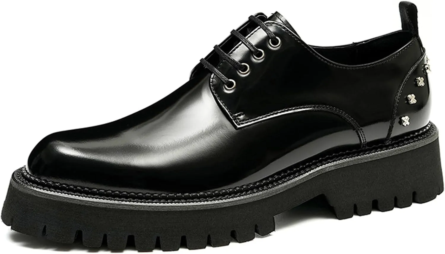 Mens Rivets Leather Shoes, Round-Toe Lace Up Derby Shoe, Fashion Heighten Work Shoe for Formal Wedding