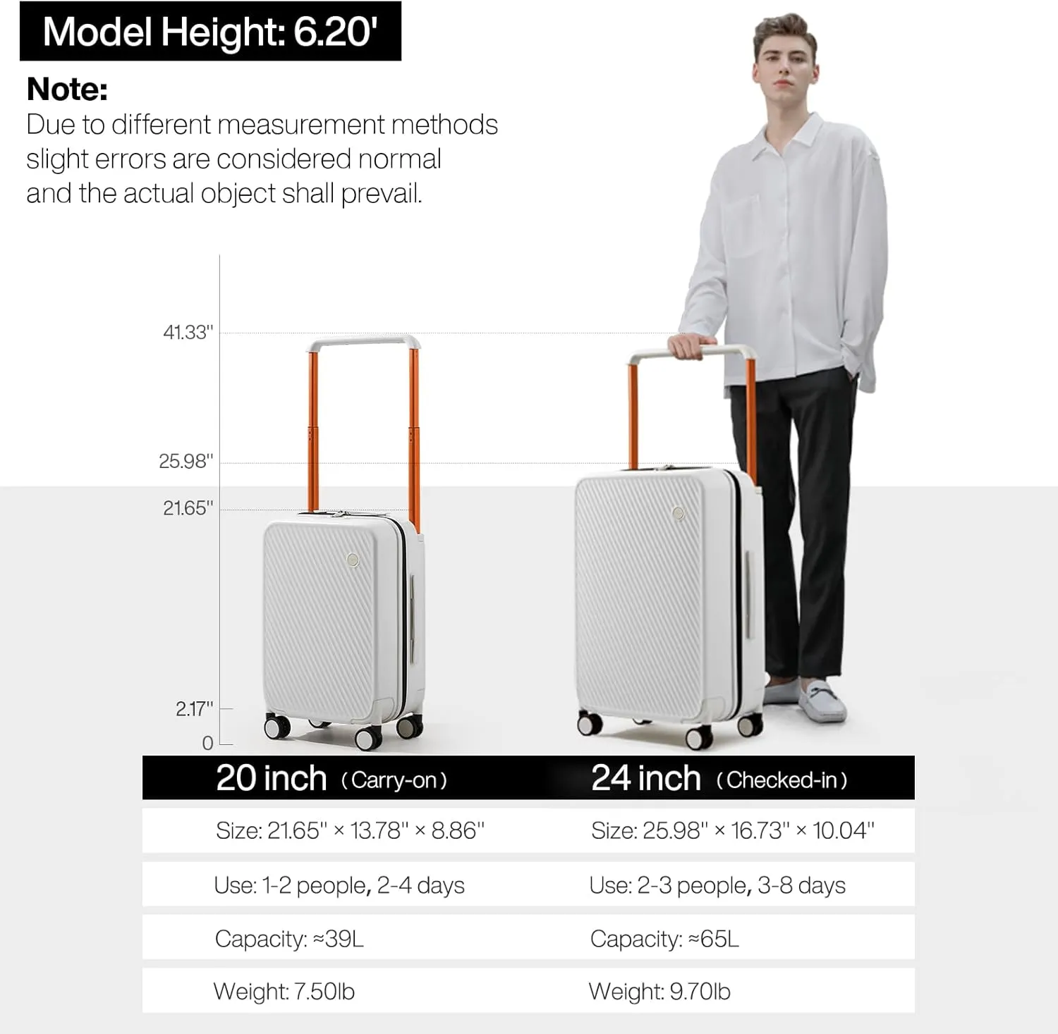 mixi Luggage Suitcases with Spinner Wheels,Upgrade Wide Handle PC Hardshell Rolling Travel Suitcase with TSA Lock, Checked-Medium 24-Inch, Smoke White