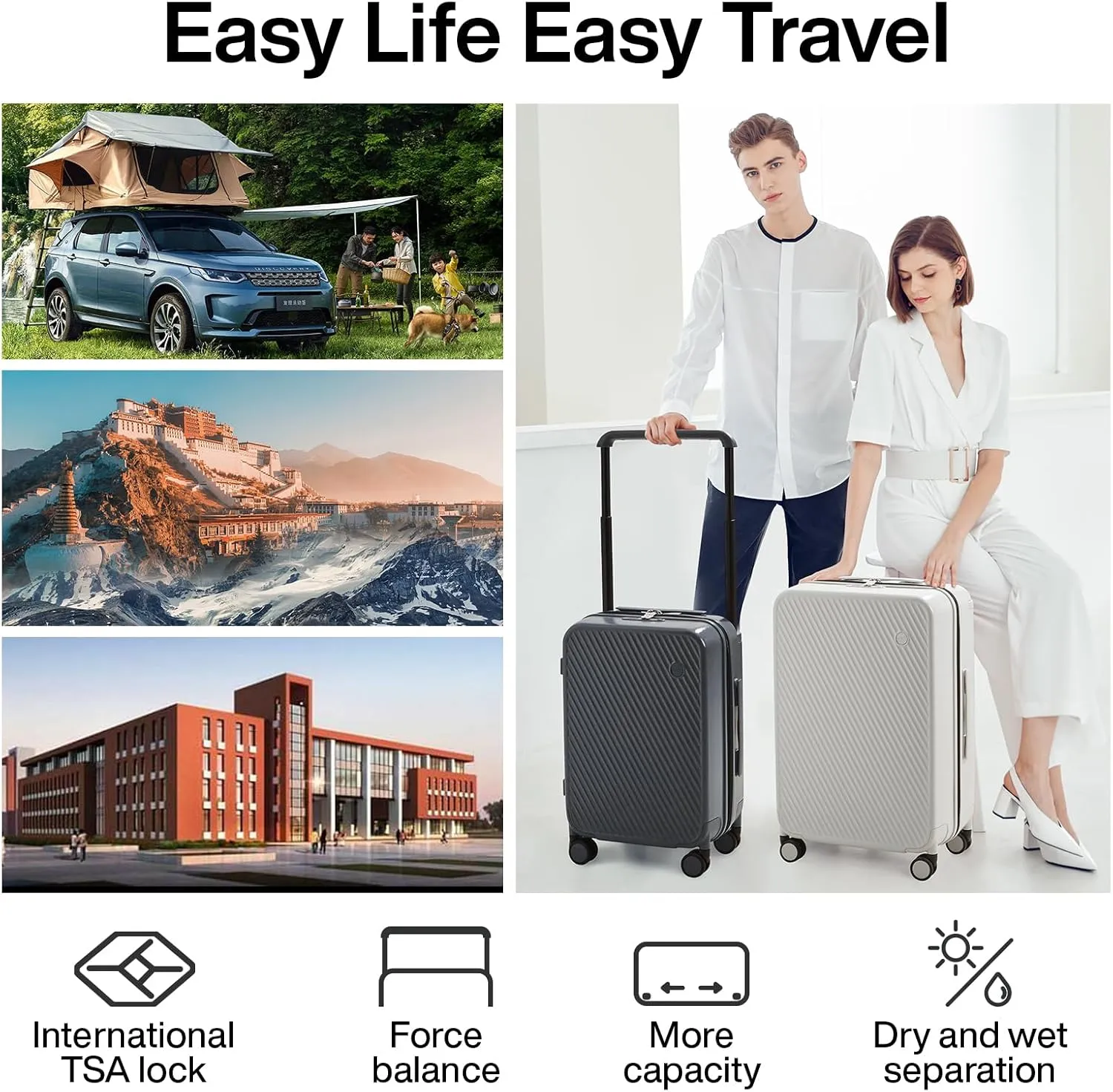 mixi Luggage Suitcases with Spinner Wheels,Upgrade Wide Handle PC Hardshell Rolling Travel Suitcase with TSA Lock, Checked-Medium 24-Inch, Smoke White