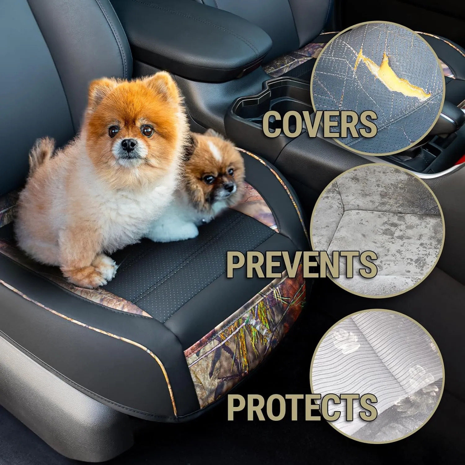 Mossy Oak Camo Car Seat Covers, Padded Bottom Seat Cushion Cover with Bottom Wrap-Around & Anti-Skid; for Cars SUV Truck Minivan, Front Seat Protector, Heavy Duty Denier with Storage Pocket, 2 Pack