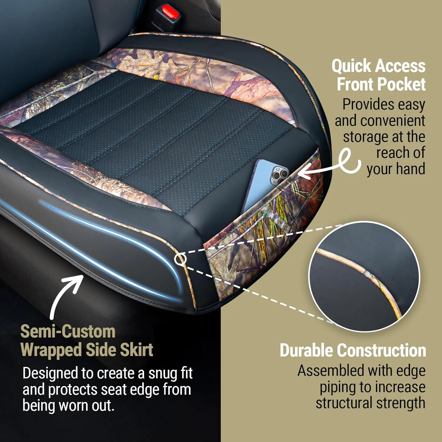 Mossy Oak Camo Car Seat Covers, Padded Bottom Seat Cushion Cover with Bottom Wrap-Around & Anti-Skid; for Cars SUV Truck Minivan, Front Seat Protector, Heavy Duty Denier with Storage Pocket, 2 Pack