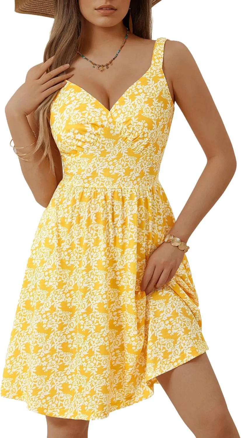MSBASIC Womens Summer Dresses 2025 Sleeveless V Neck Mini Elastic Wide Strap Beach Vacation Sun Dress